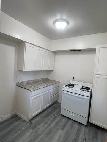Riverside apartment for rent - A kitchen with a stove and cabinets.