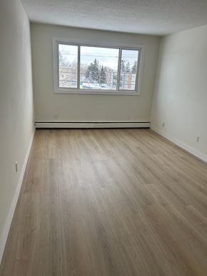 Edmonton apartment for rent - A room with a window showing a snowy landscape outside.