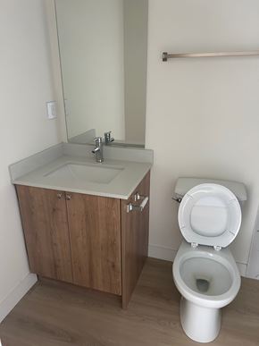 Edmonton apartment for rent - A white toilet sits next to a sink in a bathroom.