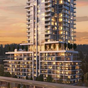 Coquitlam apartment for rent - A modern high-rise building with balconies and trees in the foreground.