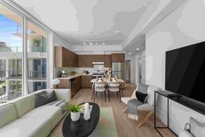 Coquitlam apartment for rent - A modern living room with a large couch, a coffee table, and a television.