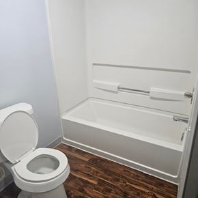Lisbon apartment for rent - A white toilet is next to a white bathtub in a bathroom.