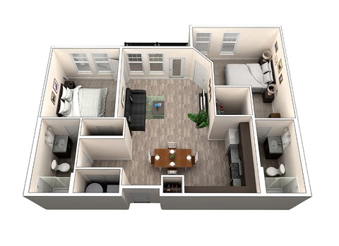 Floor plan for 2 beds, 2 baths, 1000 sqft