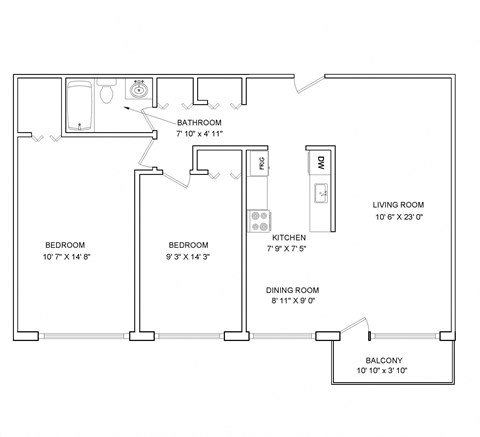 Floor plan for 2 beds, 1 bath, 786 sqft