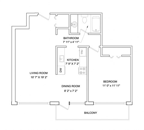 Floor plan for 1 bed, 1 bath, 601 sqft