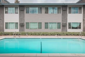 Van Nuys apartment for rent - A swimming pool in front of a grey apartment building.