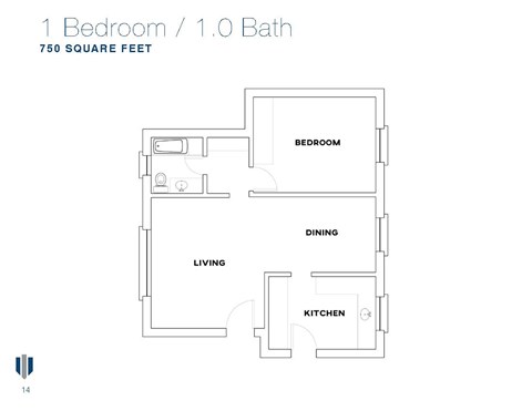Floor plan for 1 bed, 1 bath, 750 sqft