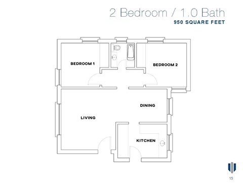 Floor plan for 2 beds, 1 bath, 950 sqft
