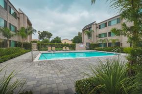 Van Nuys apartment for rent - A swimming pool surrounded by a brick patio and green plants.