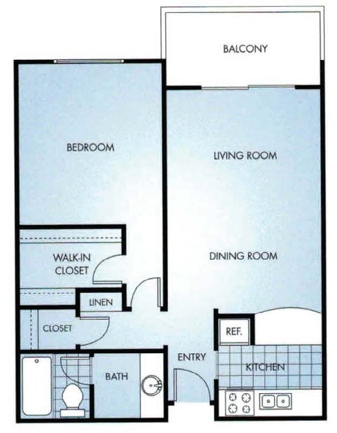 Floor plan for 1 bed, 1 bath, 800 sqft
