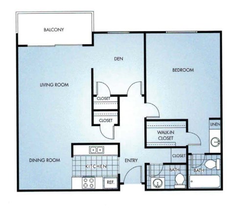 Floor plan for 1 bed, 1.5 baths, 1025 sqft