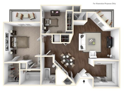 Floor plan for 2 beds, 2 baths, 954 sqft