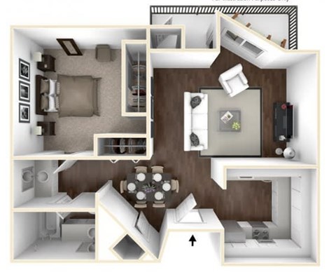 Floor plan for 1 bed, 1 bath, 763 sqft
