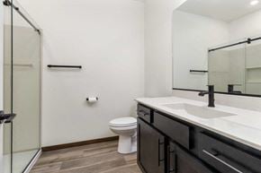 Sioux Falls house for rent - A bathroom with a toilet, sink, and a walk-in shower.