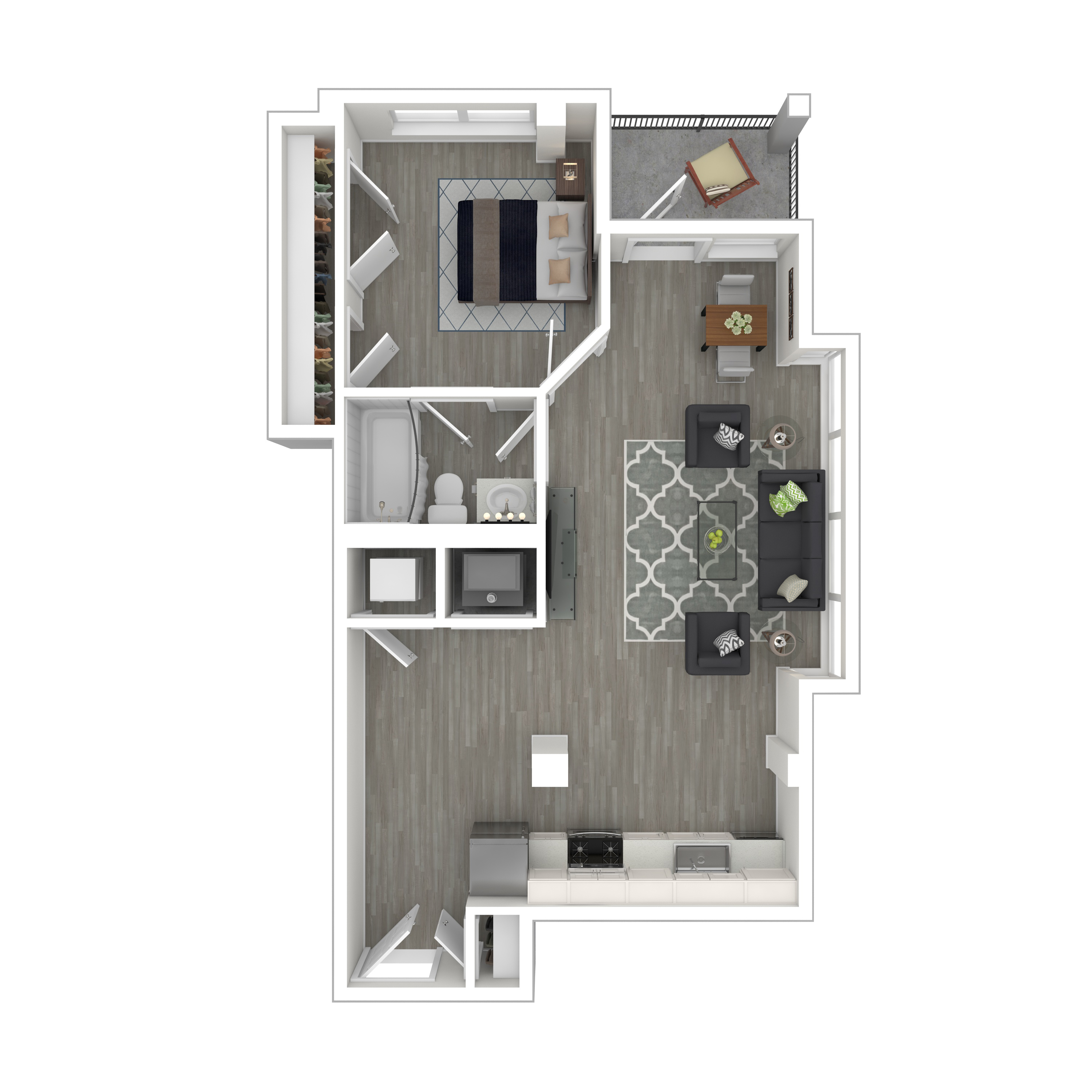 Floor plan for 1 bed, 1 bath, 755 sqft