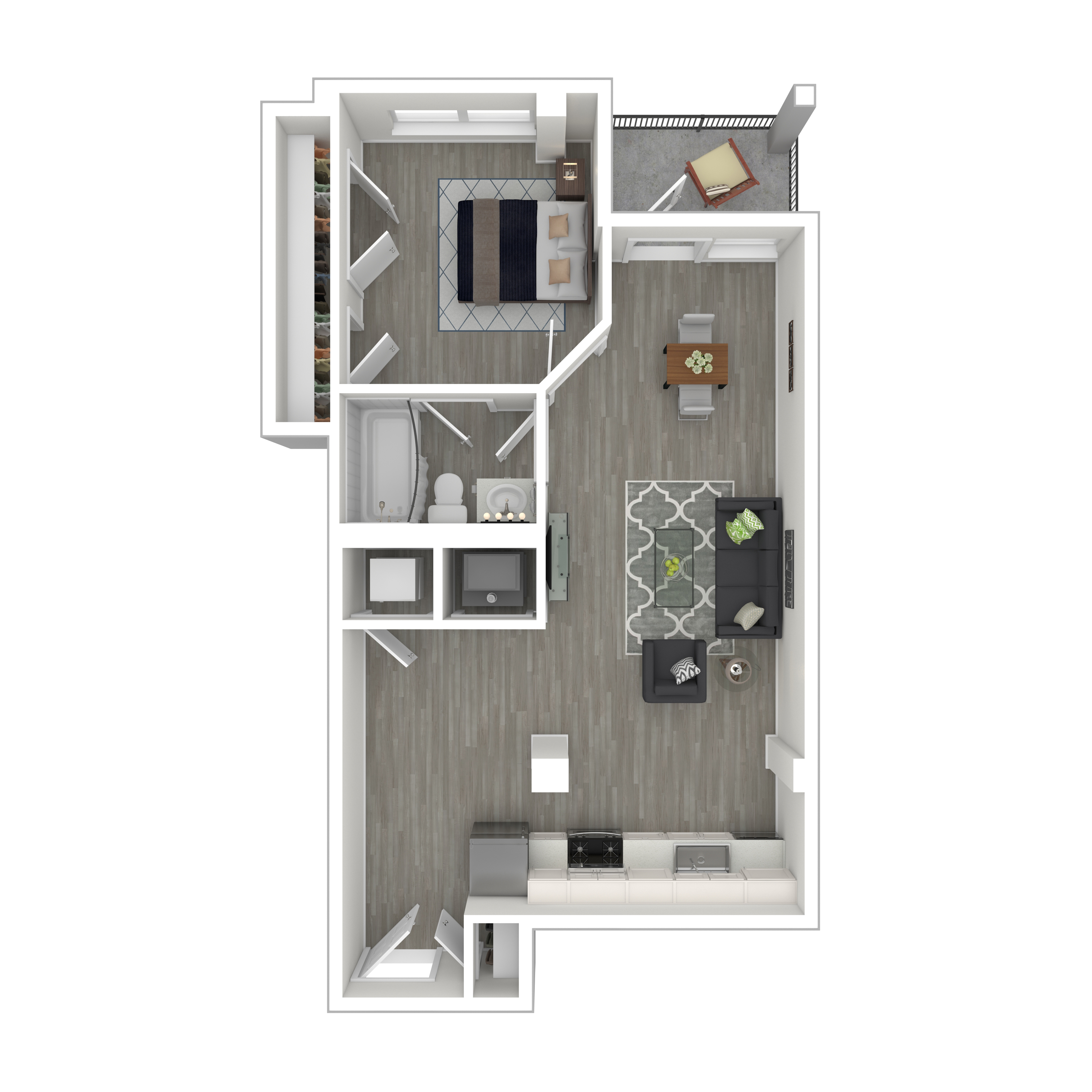 Floor plan for 1 bed, 1 bath, 725 sqft