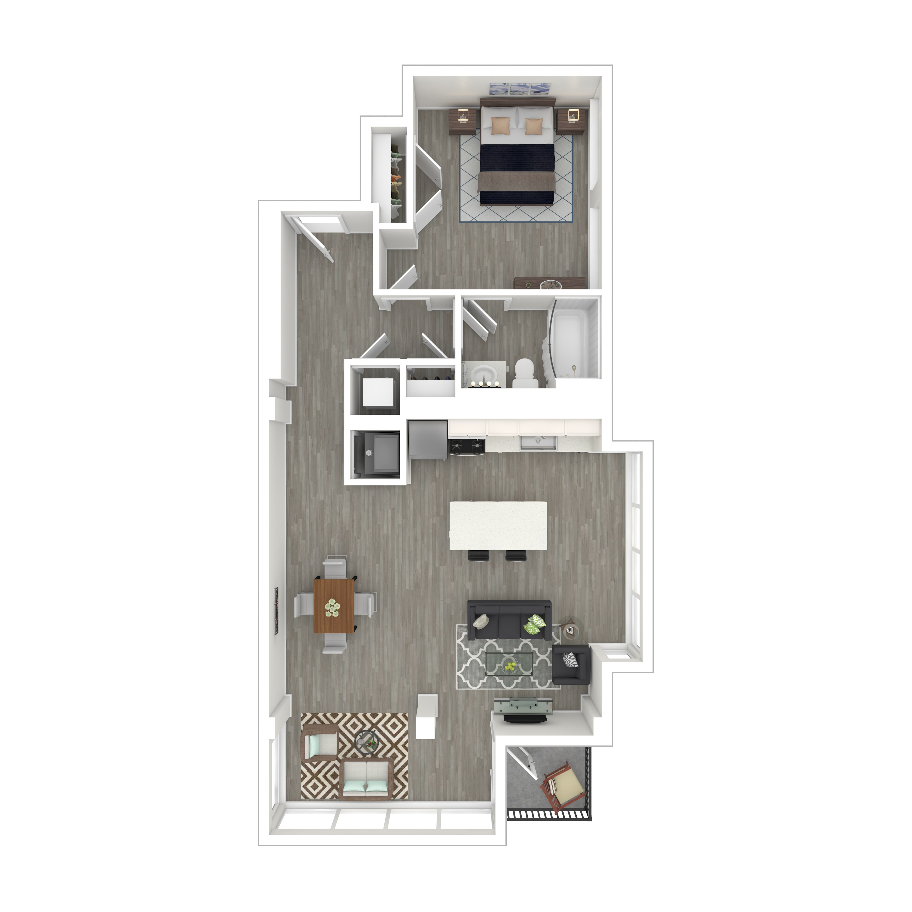 Floor plan for 1 bed, 1 bath, 957 sqft