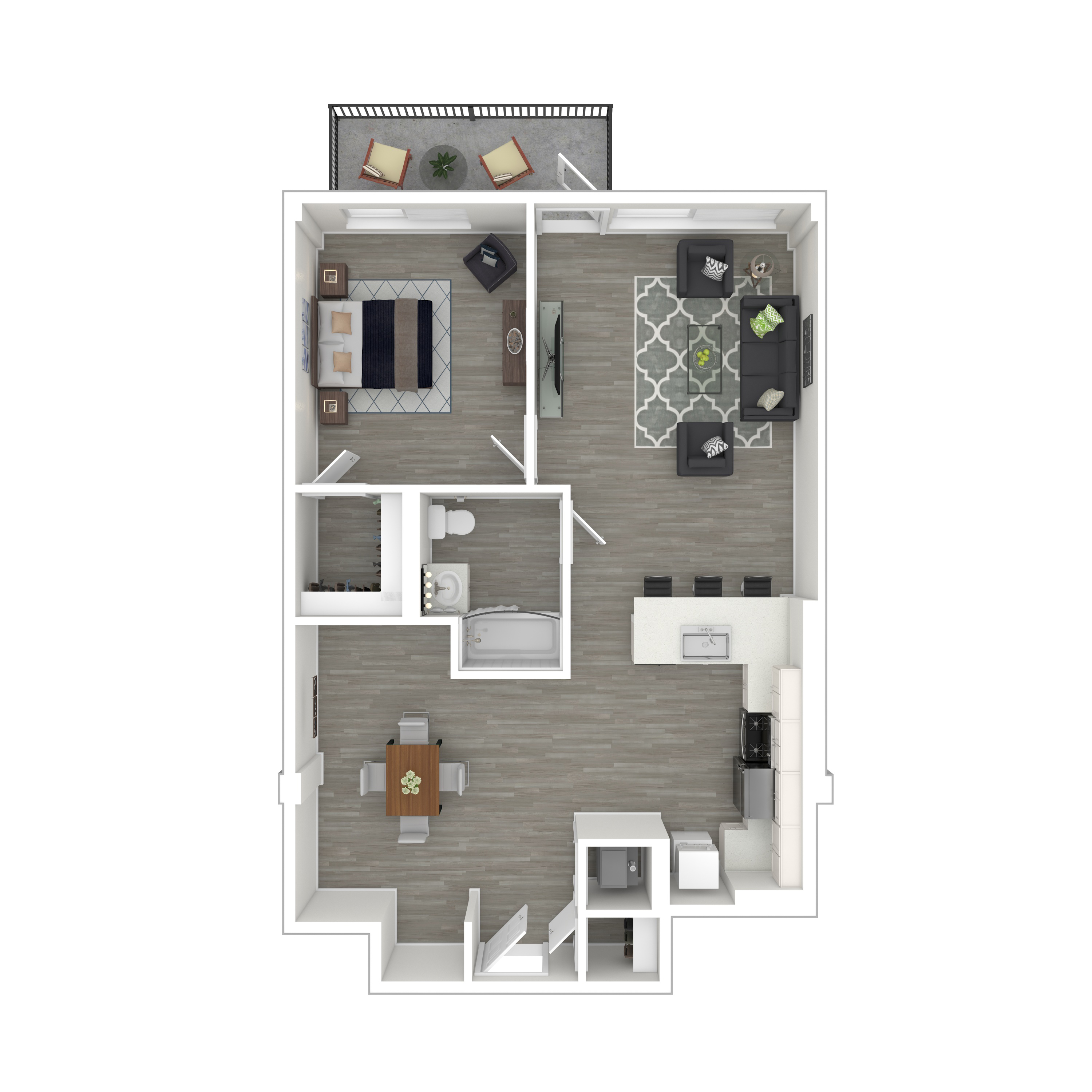 Floor plan for 1 bed, 1 bath, 937 sqft