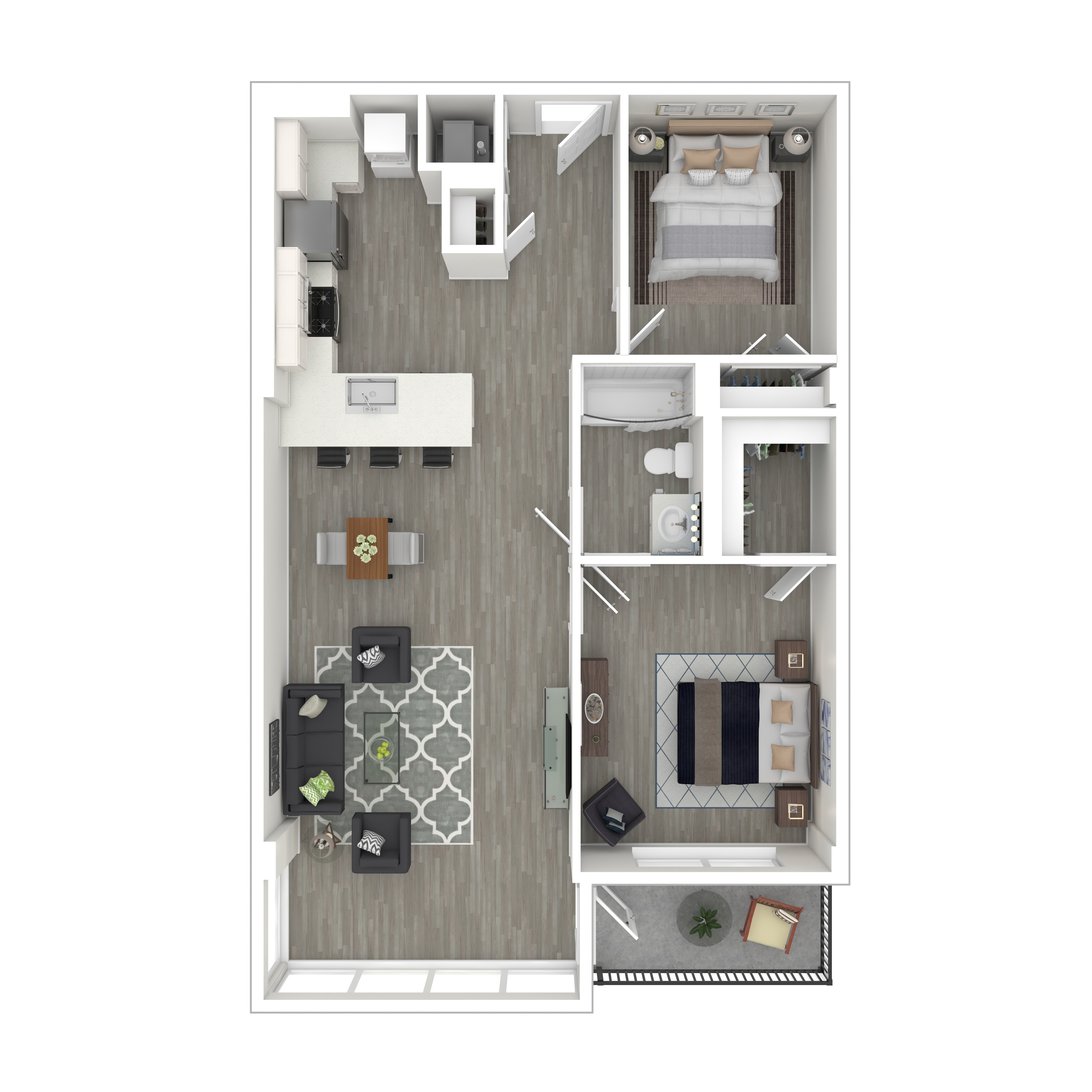 Floor plan for 2 beds, 1 bath, 977 sqft