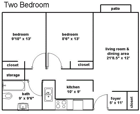 Floor plan for 2 beds, 1 bath, 906 sqft