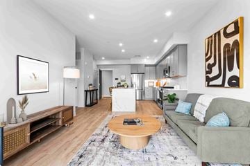 Dorchester apartment for rent - A modern living room with a grey couch and a wooden coffee table.