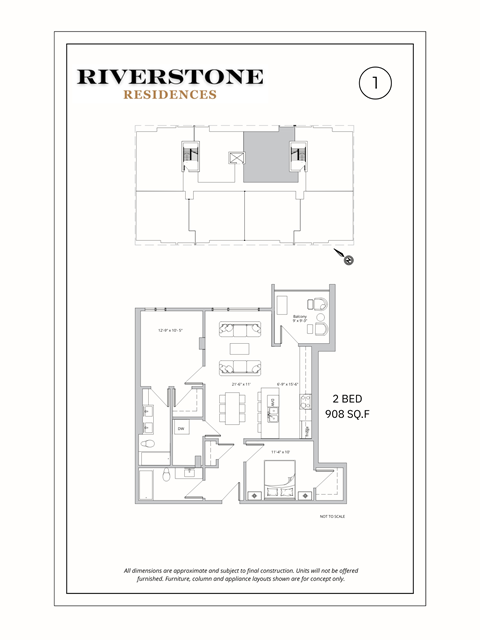 Floor plan for 2 beds, 2 baths, 908 sqft