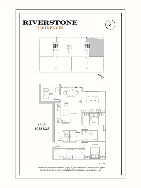 Floor plan for 2 beds, 2 baths, 1088 sqft