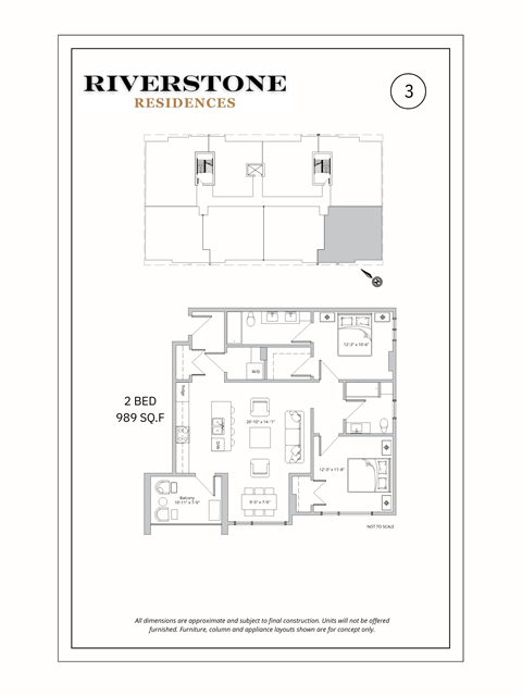 Floor plan for 2 beds, 2 baths, 989 sqft
