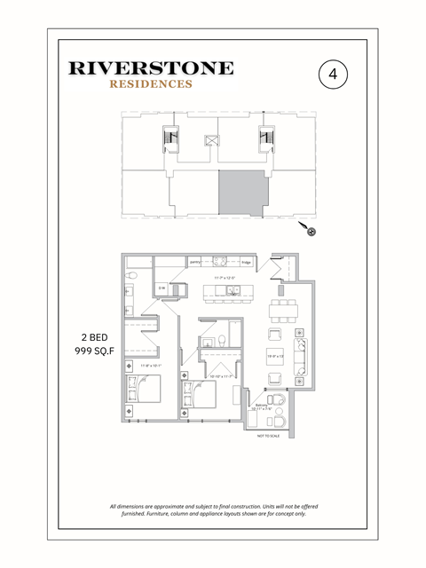 Floor plan for 2 beds, 2 baths, 999 sqft
