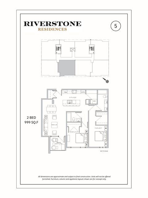 Floor plan for 2 beds, 2 baths, 999 sqft