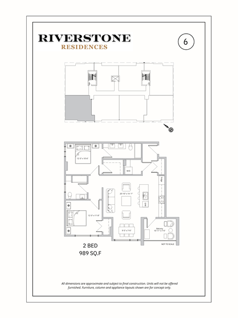 Floor plan for 2 beds, 2 baths, 989 sqft