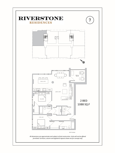 Floor plan for 2 beds, 2 baths, 1088 sqft