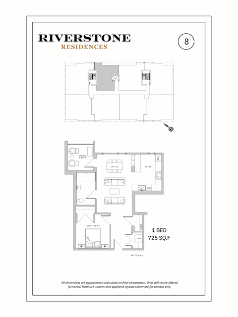 Floor plan for 1 bed, 1 bath, 725 sqft