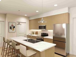 Elmsdale apartment for rent - A modern kitchen with a large island and stainless steel appliances.