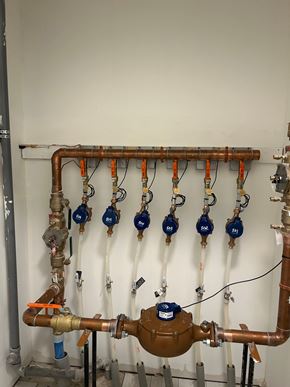 Calgary house for rent - A wall of pipes and valves with orange and blue handles.