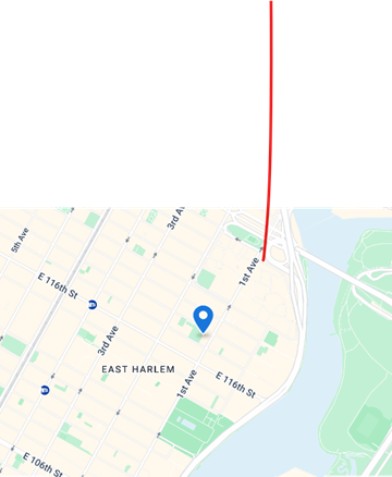 New York apartment for rent - A map with a blue pin and a red line going through it.
