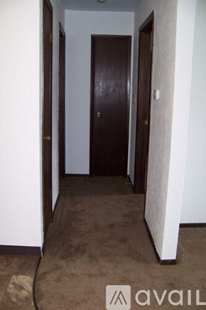 Pekin house for rent - A hallway with a brown carpet and a brown door.