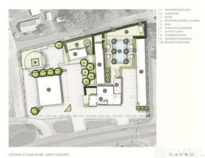 Natchitoches apartment for rent - A draft concept for a Cottage at Canterbury River shows a layout with an Apartment Building, Clubhouse, Retail Space, Outdoor Kitchen/Lounger, Pool, Hot Tub & Loungers, Activity La