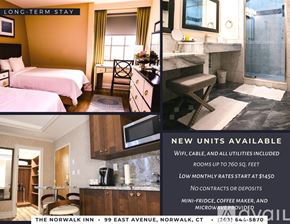 Norwalk apartment for rent - A hotel advertisement showcasing a bedroom and a bathroom with a sign that reads "NEW UNITS AVAILABLE".