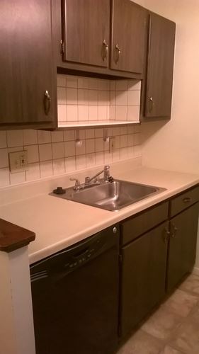 Mentor-On-The-Lake apartment for rent - A kitchen with a sink and brown cabinets.