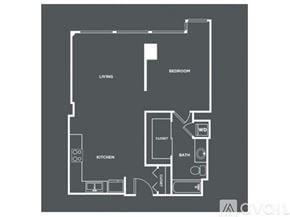 Chicago apartment for rent - A floor plan of a living space with a kitchen, bathroom, and bedroom.