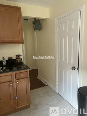 Boston apartment for rent - A kitchen with wooden cabinets and a white door.