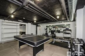 Chicago apartment for rent - A gym with a variety of equipment including a squat rack, bench press, and a boxing ring.
