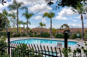 Oceanside apartment for rent - A pool surrounded by a black fence with trees in the background.