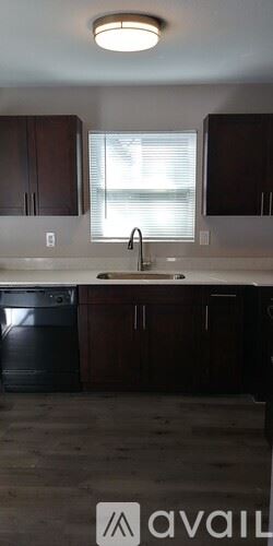 Tampa apartment for rent - A kitchen with dark brown cabinets and a black dishwasher.