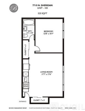 Chicago apartment for rent - A floor plan for a unit at 7710 N. Sheridan shows a bedroom, living room, and closet.