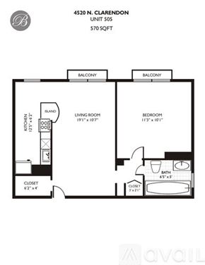 Chicago apartment for rent - A floor plan for a property at 4520 N. Clarendon shows a living room, bedroom, bathroom, and closet.