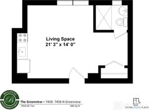 Chicago apartment for rent - A black and white image of a living space floor plan.