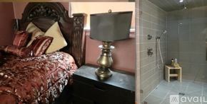 New Orleans apartment for rent - A bedroom with a bed, a lamp, and a shower.
