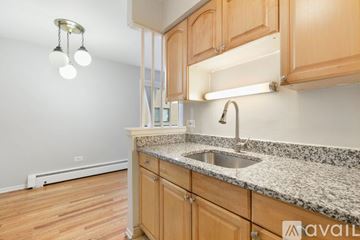 Chicago apartment for rent - A kitchen with wooden cabinets and granite countertops.